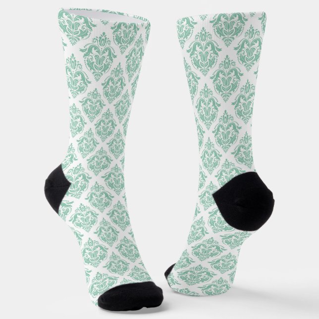 Light green Damasks Pattern on White Background Socks (Angled)