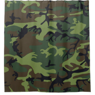 Light Green, Dark Green, Black Camo Camouflage Shower Curtain