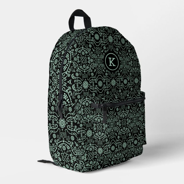 Light green Doted Swirls Pattern On Black Printed Backpack (Back Corner Left)