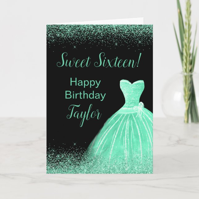 Light Green Dress Faux Glitter Sweet 16 Birthday Card (Front)