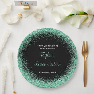 Light Green Dress Faux Glitter Sweet 16 Birthday Paper Plate