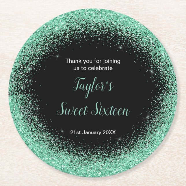 Light Green Dress Faux Glitter Sweet 16 Birthday Round Paper Coaster (Front)