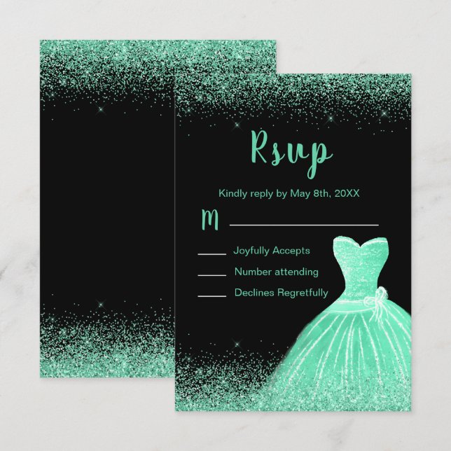 Light Green Dress Faux Glitter Sweet 16 Birthday RSVP Card (Front/Back)