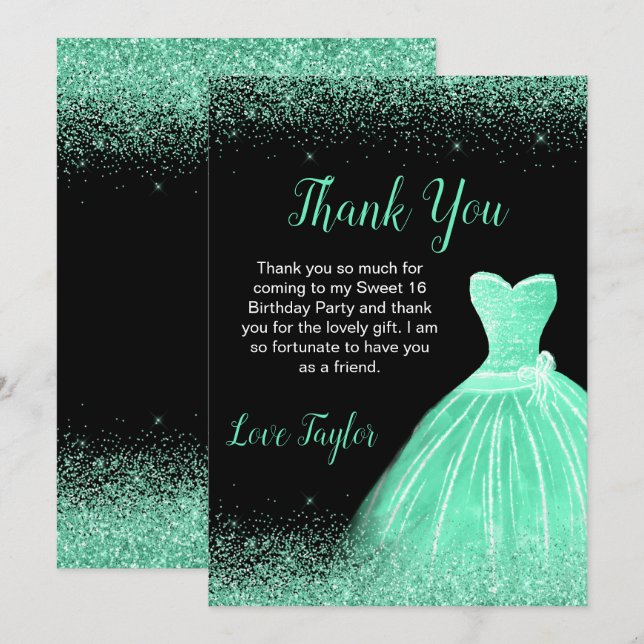 Light Green Dress Faux Glitter Sweet 16 Birthday Thank You Card (Front/Back)