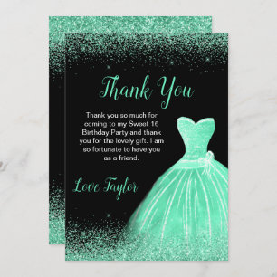 Light Green Dress Faux Glitter Sweet 16 Birthday Thank You Card