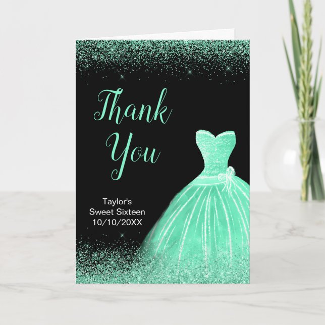 Light Green Dress Faux Glitter Sweet 16 Birthday Thank You Card (Front)