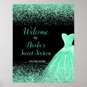 Light Green Dress Faux Glitter Sweet 16 Welcome Poster