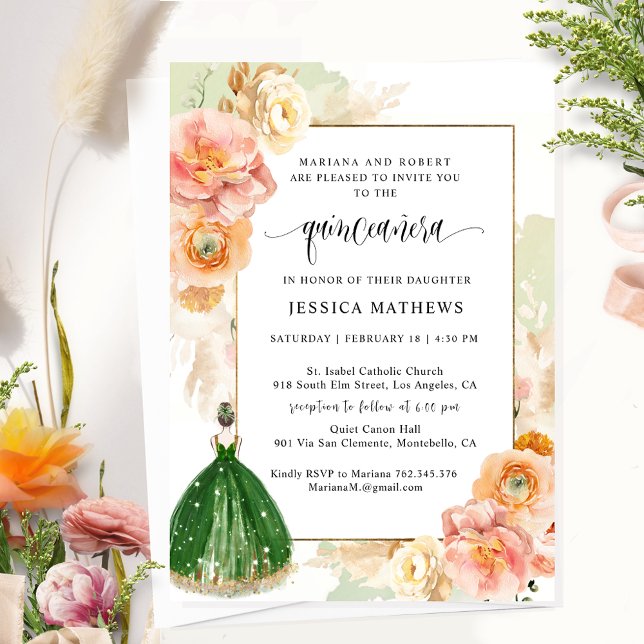Light Green Elegant Floral Princess Quinceañera Invitation (Creator Uploaded)
