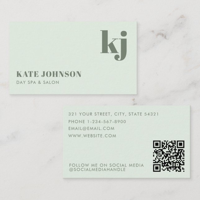Light Green Girly Day Spa Salon Initials QR Code Business Card (Front/Back)