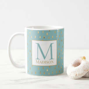 Light Green Gold Raindrop Modern Trendy Monogram Coffee Mug