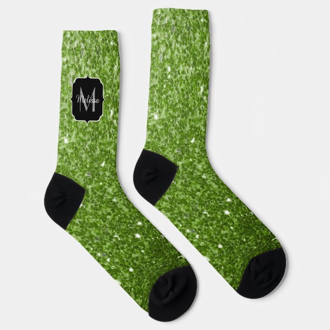 Light green greenery faux glitter sparkle Monogram Socks (Right)