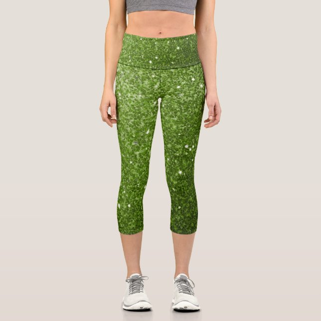 Light green greenery faux glitter sparkles capri leggings (Front)