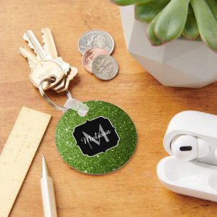 Light green greenery glitter sparkles Monogram Key Ring