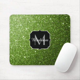 Light green greenery glitter sparkles Monogram Mouse Mat