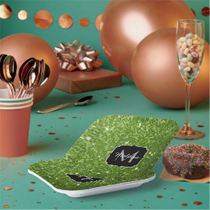 Light green greenery glitter sparkles Monogram Paper Plate