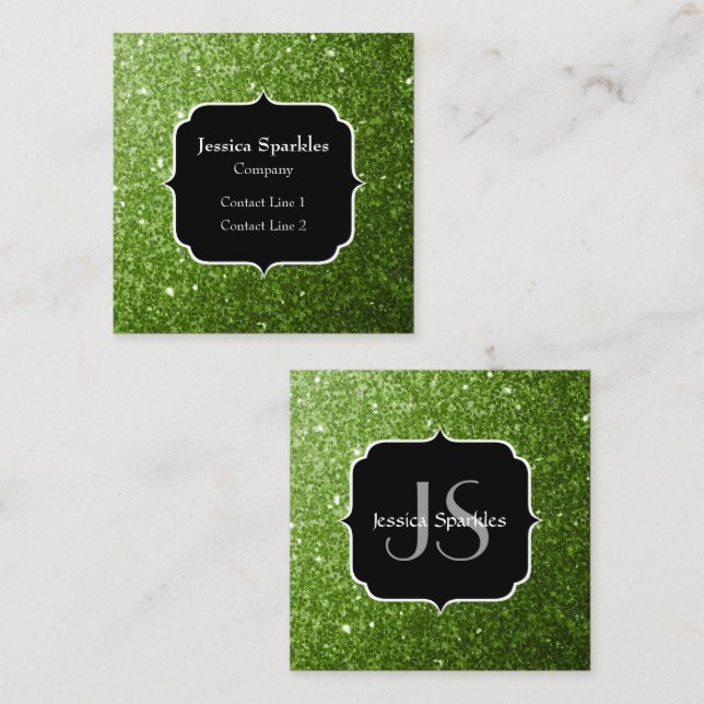 Light green greenery glitter sparkles Monogram Square Business Card (Front/Back)