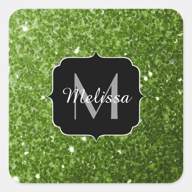 Light green greenery glitter sparkles Monogram Square Sticker (Front)