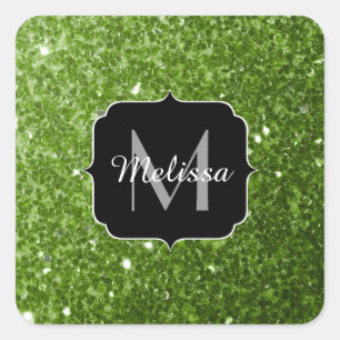 Light green greenery glitter sparkles Monogram Square Sticker