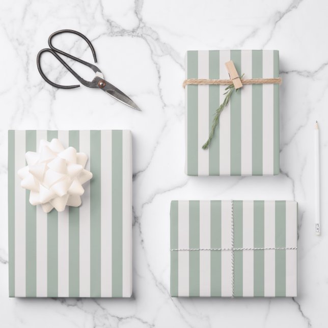 Light Green & Ivory Stripes Wrapping Paper Sheet (Front)