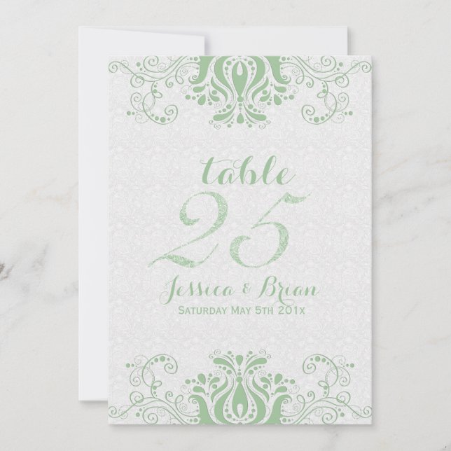 Light Green Lace & White Wedding Table Number 2 (Front)