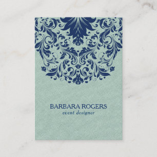Light-Green Linen Texture Blue Floral Lace Business Card