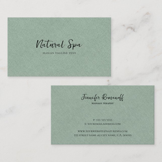 Light Green Linen Texture Print White Typography Business Card (Front/Back)