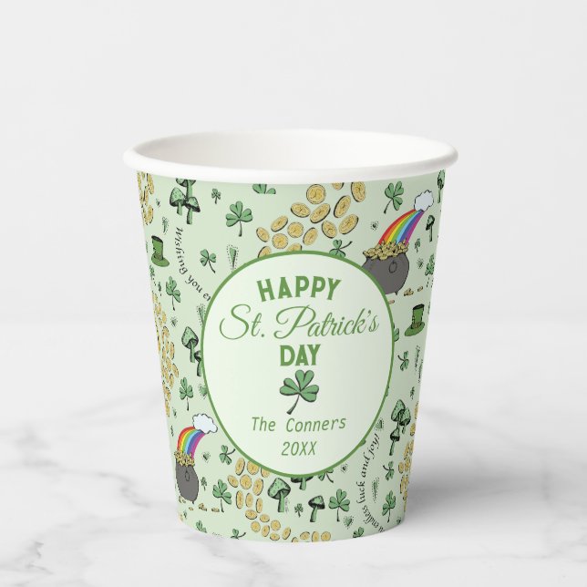 Light Green Lucky Shamrocks St Patricks Day Paper Cups (Front)