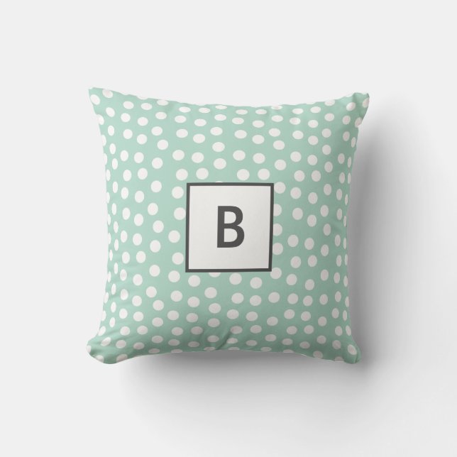 Light green mint polka dots monogram cushion (Front)
