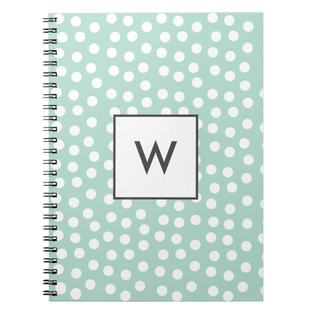 Light green mint polka dots monogram notebook (Front)