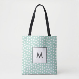 Light green mint polka dots monogram tote bag