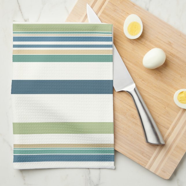 Light Green Navy Blue Stripes Tea Towel (Quarter Fold)
