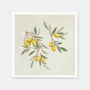Light Green Olive Branches Illustration Elegant  Napkin