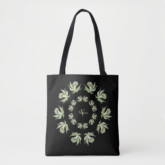 Light Green Orchids on Black Shoulder Tote Bag (Front)