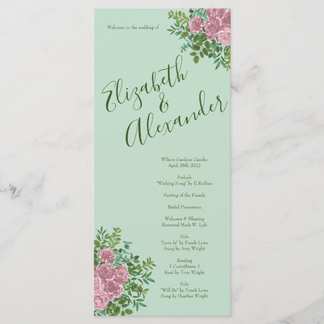Light Green & Pale Pink Peony Rose Floral Programs Menu (Front)
