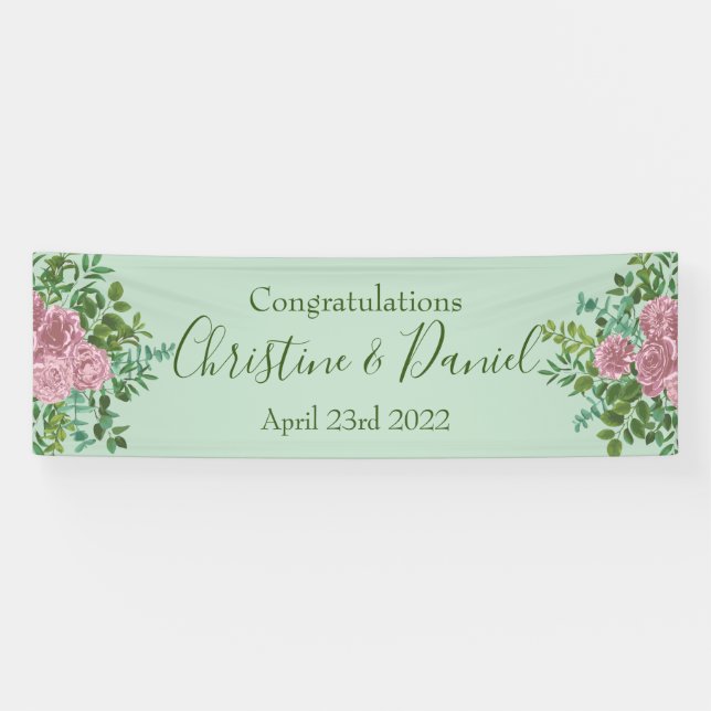 Light Green & Pale Pink Peony Rose Floral Wedding Banner (Horizontal)