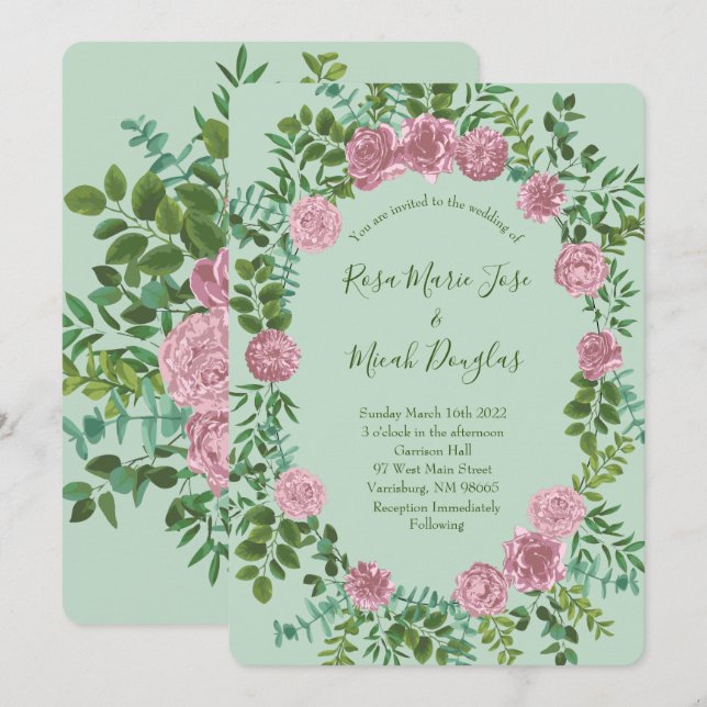 Light Green & Pale Pink Peony Rose Floral Wedding Invitation (Front/Back)
