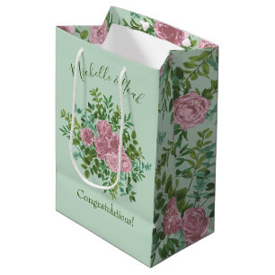 Light Green & Pale Pink Peony Rose Floral Wedding Medium Gift Bag