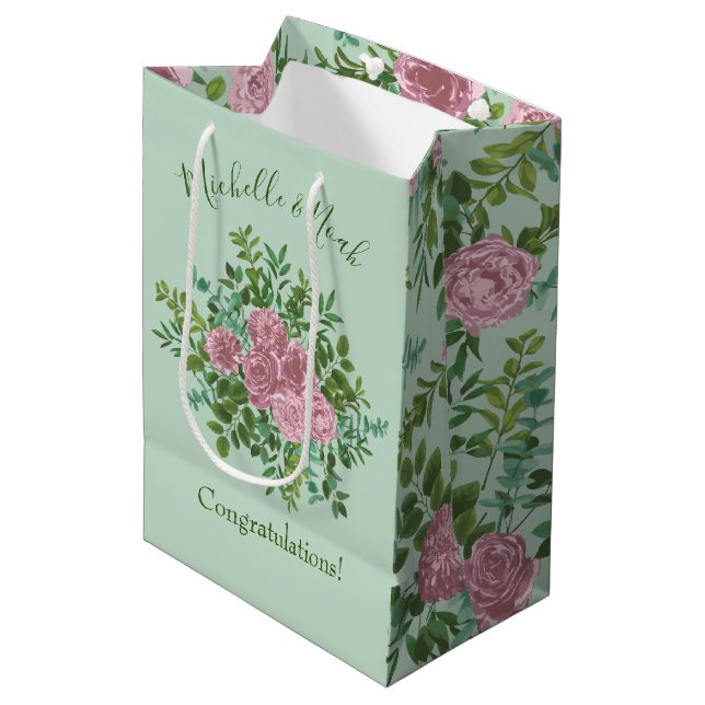 Light Green & Pale Pink Peony Rose Floral Wedding Medium Gift Bag (Front Angled)