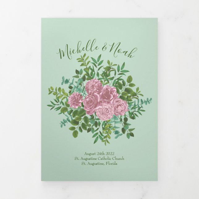 Light Green & Pale Pink Peony & Rose Wedding Tri-Fold Programme (Cover)