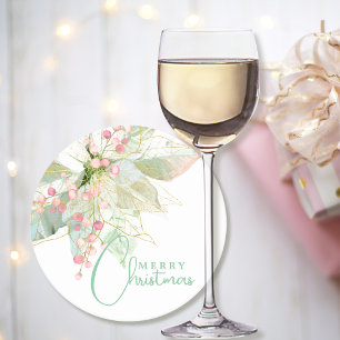 Light Green Pink Gold Poinsettia Merry Christmas Round Paper Coaster