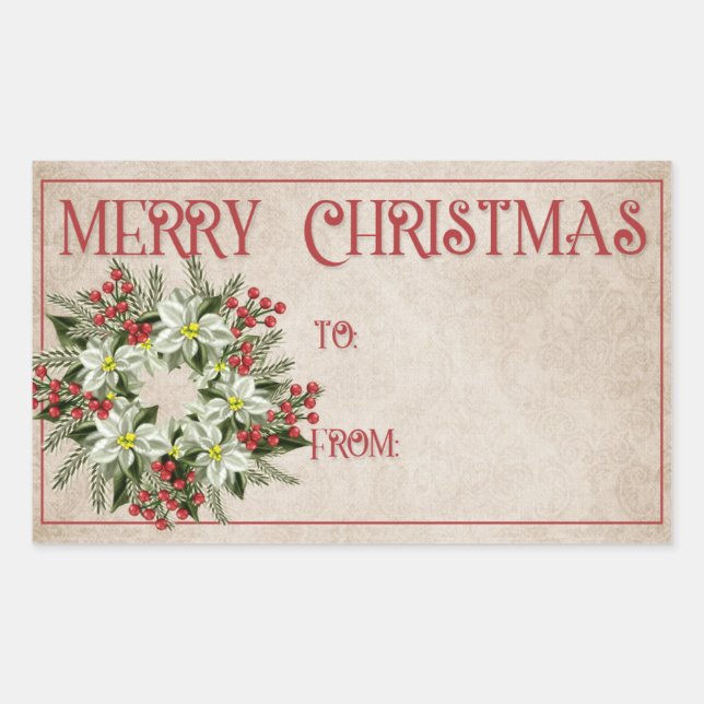 Light Green Poinsettia Wreath | Merry Christmas Rectangular Sticker (Front)