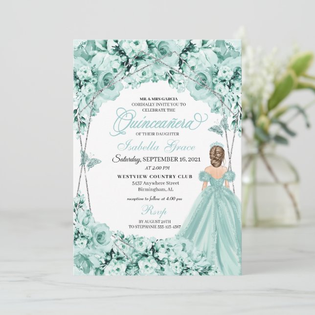 Light Green Princess Dress Quinceanera Invitation (Standing Front)