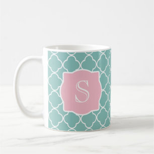 Light Green Quatrefoil Pink Monogram Coffee Mug