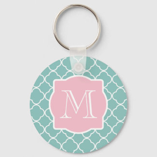 Light Green Quatrefoil Pink Monogram Key Ring