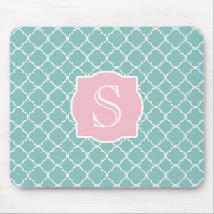 Light Green Quatrefoil Pink Monogram Mouse Mat
