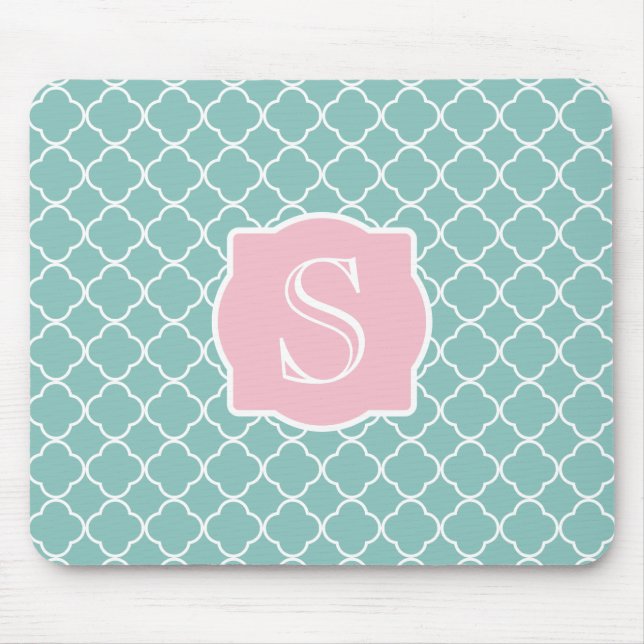 Light Green Quatrefoil Pink Monogram Mouse Mat (Front)