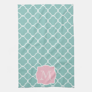 Light Green Quatrefoil Pink Monogram Tea Towel