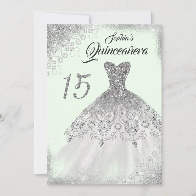 Light Green Silver Lace Diamond Gown Quinceanera Invitation (Front)