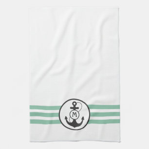 Light Green Stripes with Anchor Monogram Tea Towel