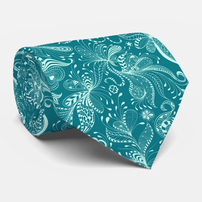 Light green & Turquoise Exotic Floral Swirls Tie (Rolled)